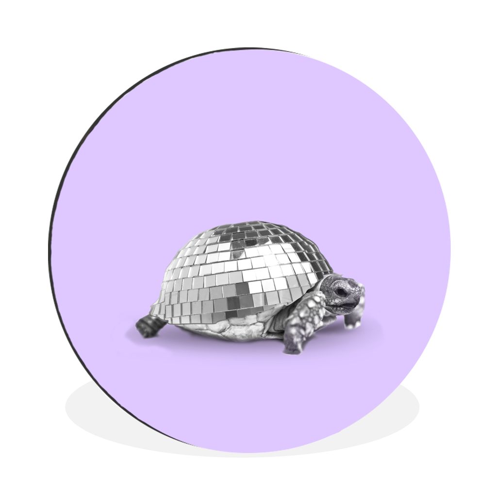 MuchoWow Aluminium Wandkreis Schildkröte - Discokugel - Disco - Tier - Lila Ø 90 cm Wanddeko Modern Wohnzimmer - Mauerkreis - Wandbilder - Rund...