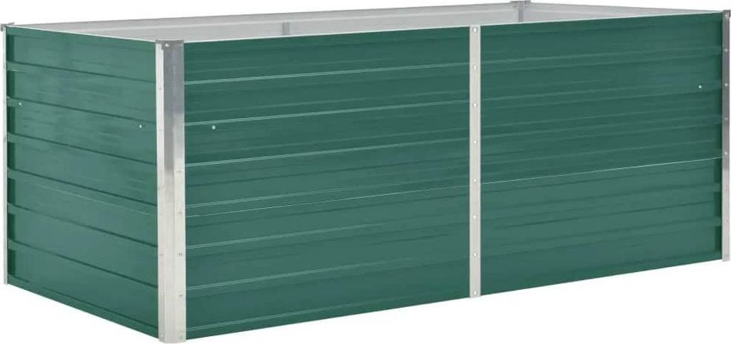 A green metal raised garden bed with silver metal corner supports, shown from a slightly elevated side angle against a white background.