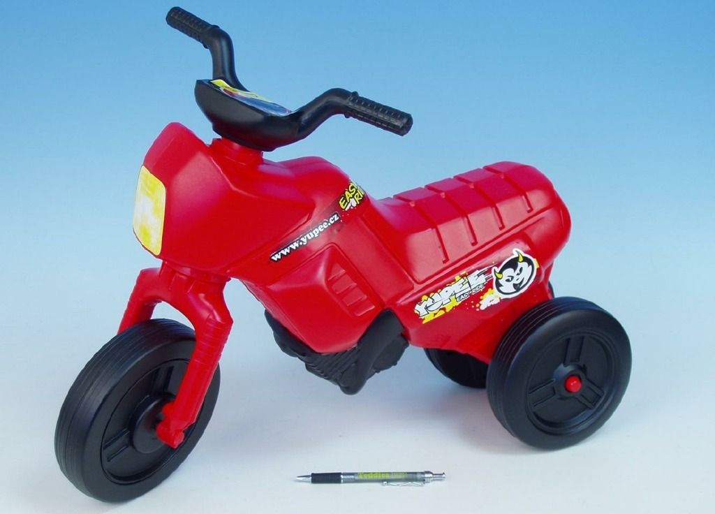 A red toy motorcycle is shown against a light blue and white background.