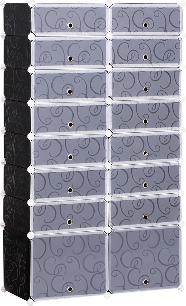 Schuhboxen 16er Set Schuhkarton stapelbar Schuhorganizer Schuhaufbewahrung Aufbewahrungsboxen Regalsystem mit Tür, Schwarz + Weiß