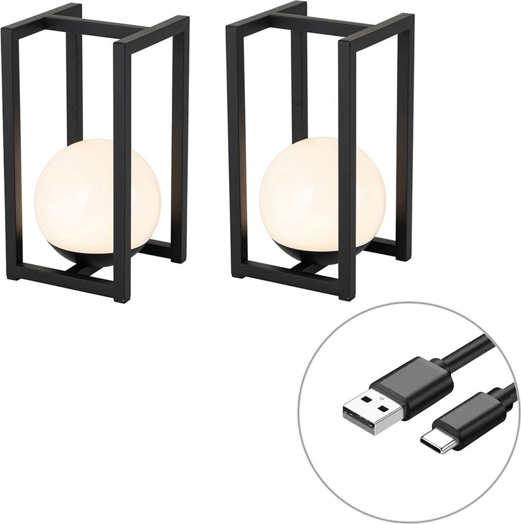 QAZQA - Modern Set mit 2 Outdoor-Tischlampen Schwarz mit Touch-Ladefunktion - Nowi Touch-funktion Dimmer I Dimmbar I Außenbeleuchtung - Stahl Rech...