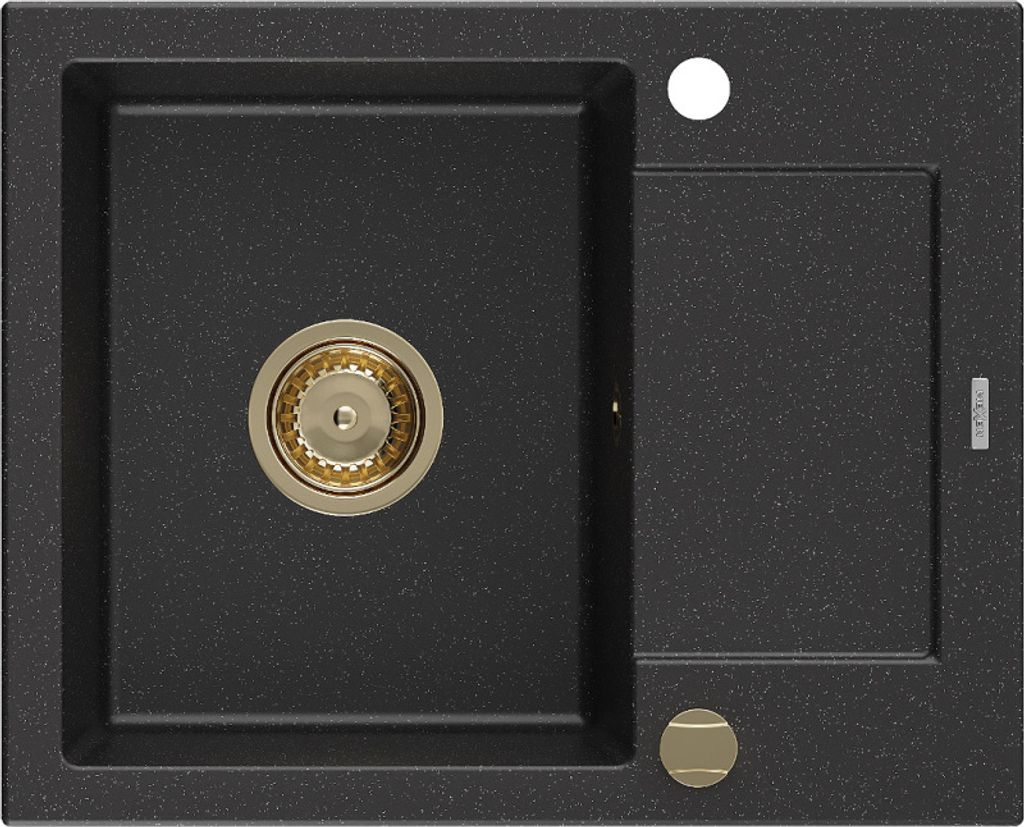 Mexen Enzo Granitspüle mit einem Becken und einer Abtropffläche 576 x 465 mm, Schwarz/Silbermetallic, Siphon Gold - 6506571005-7