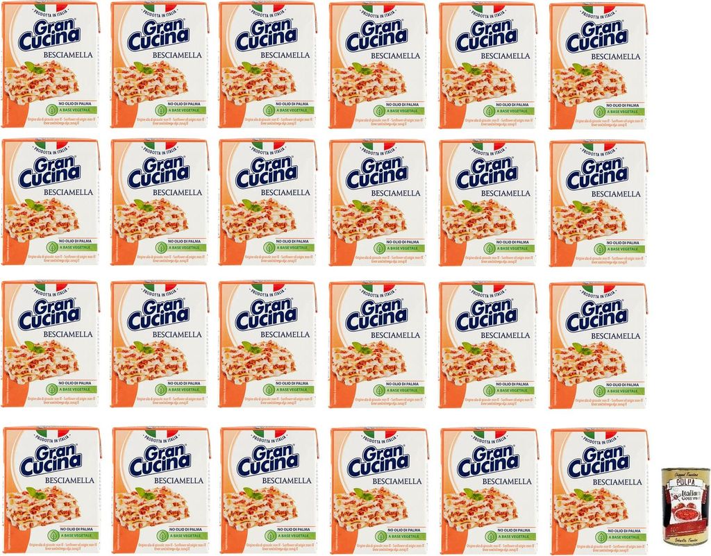 24x Gran Cucina Besciamella,Creme auf Pflanzlicher Basis,Bechamel Sauce zum Kochen Ohne Palmöl 200g + Italian Gourmet Polpa di Pomodoro 400g Dose