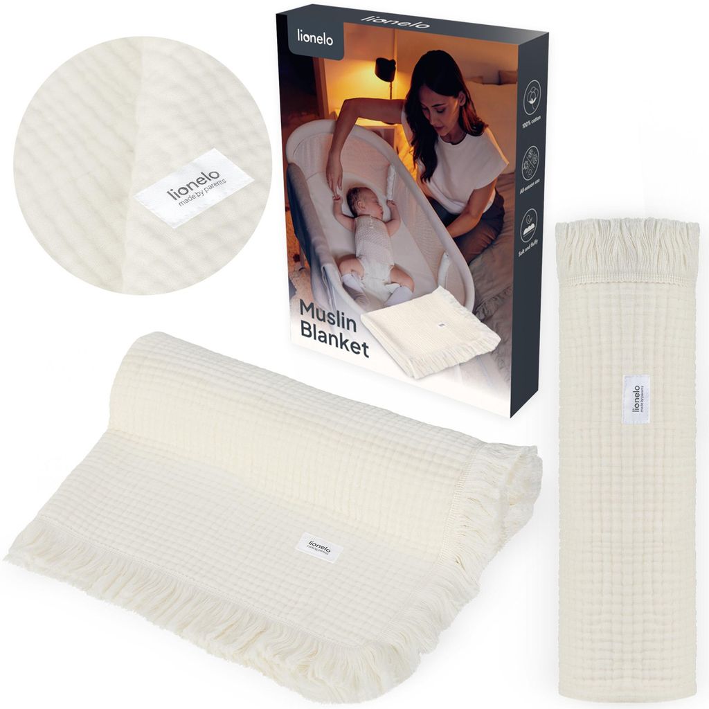 Lionelo Muslin Blanket Musselin-Decke 70x100 cm – 6-lagige Baumwolle, Ganzjahres Babydecke mit Fransen, atmungsaktiv & weich - Beige