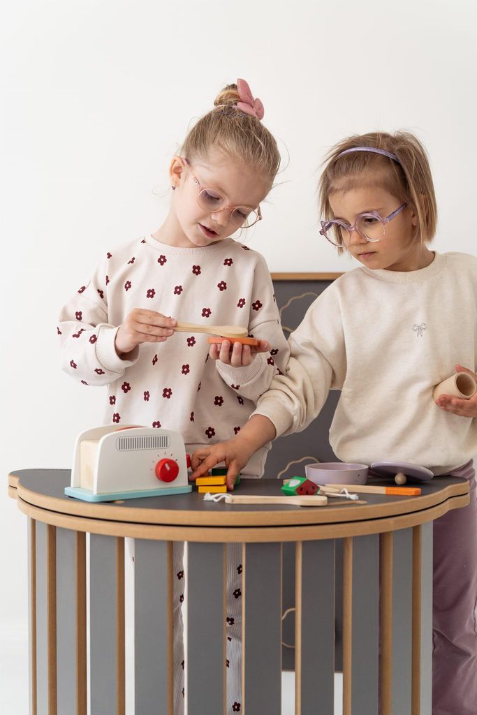 3in1 KLEINE Montessori Wippe mit Handgriffen + Tischplatte + kleine WÖLKCHEN Rutsche - grau