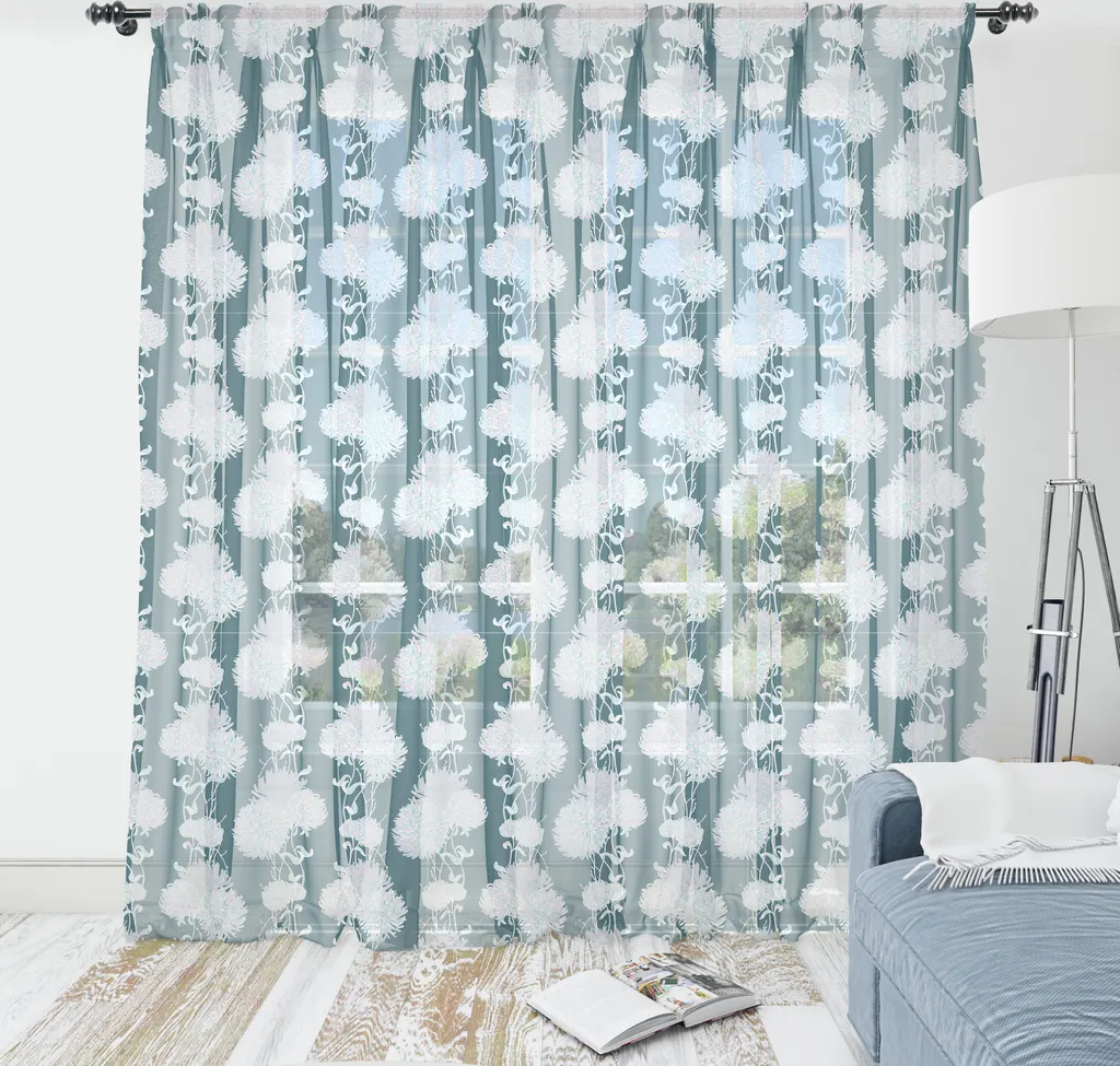 ABAKUHAUS Arazzo floreale, disegnato a mano con fiori stilizzati in stile retrò, tessuto in raso setoso per soggiorno e camera da letto, 240 cm x 274 cm, blu pallido e verde acqua scuro