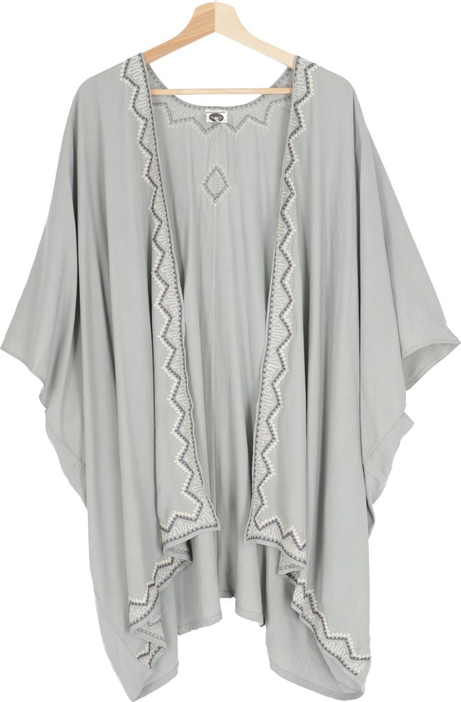 Kurzer Bestickter Sommer Kimono, Kaftan, Strandkleid - Hellgrau, Damen, Viskose, Blusen & Tunikas