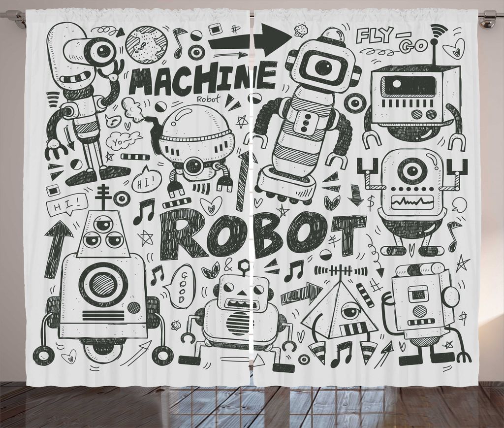 ABAKUHAUS Geek Rustikaler Gardine, Raum Geek Theme Sci Fi, Schlafzimmer Kräuselband Vorhang mit Schlaufen und Haken, 280 x 175 cm, Grau Hellgrau