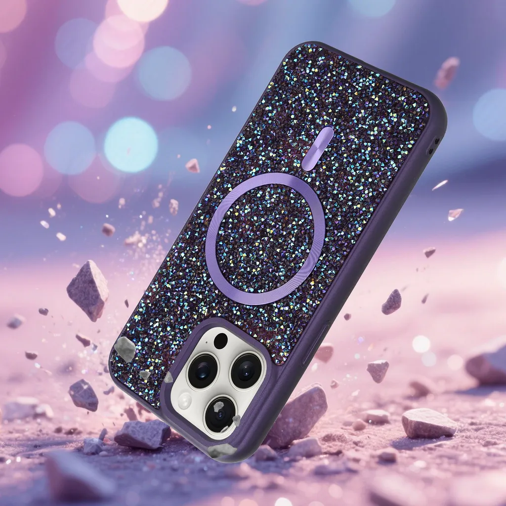 Cadorabo custodia per Apple iPhone 15 PRO custodia glitter compatibile con MagSafe in LILA custodia magnetica per cellulare Sparkle Diamond per Apple iPhone 15 PRO custodia protettiva in cristallo antiurto con forza magnetica - 3