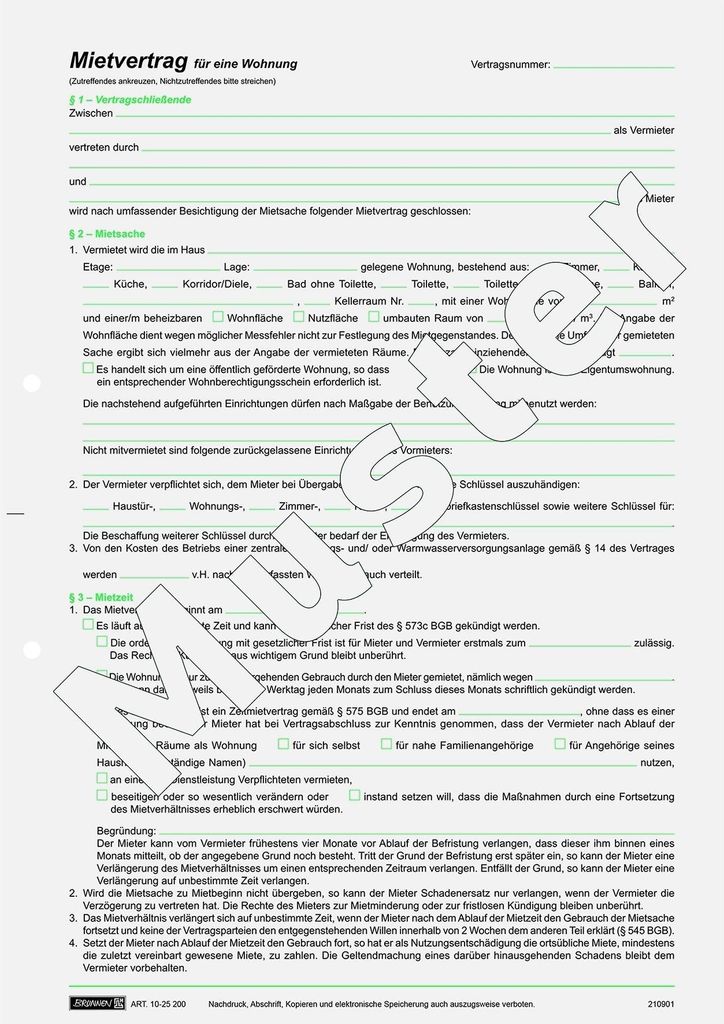 BRUNNEN Vertragsformular Mietvertrag Wohnungen A4 6 Blatt Produktbild 