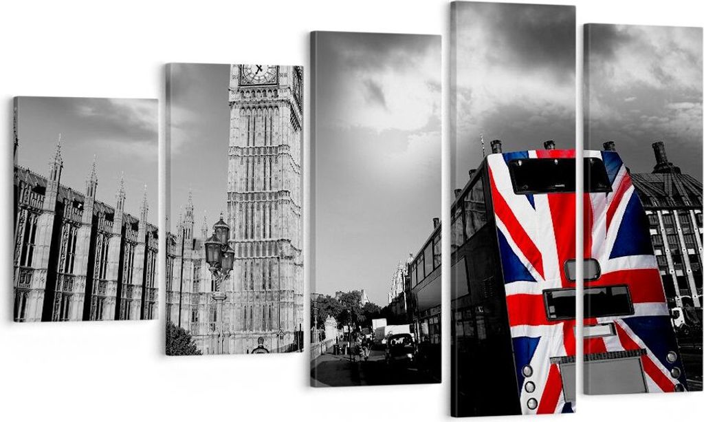 Bild auf Leinwand - Leinwandbild - Bus London Big Ben Gebäude - 100x60cm - Wand Bild - Wanddeko - Leinwanddruck - Bilder - Kunstdruck - Wanddekora...