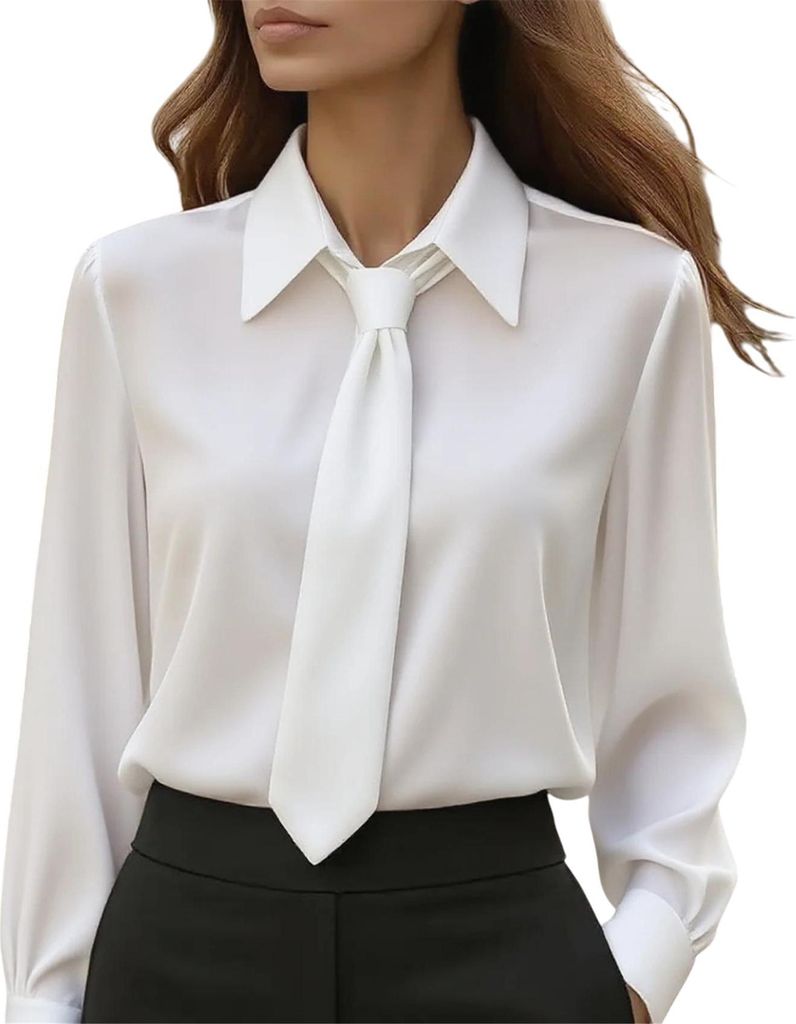 ASKSA Damen Bluse Krawatte Langarm Elegante Oberteile Buero Casual Hemdbluse Schlichtes Business Langarmshirt (Weiss,XL)