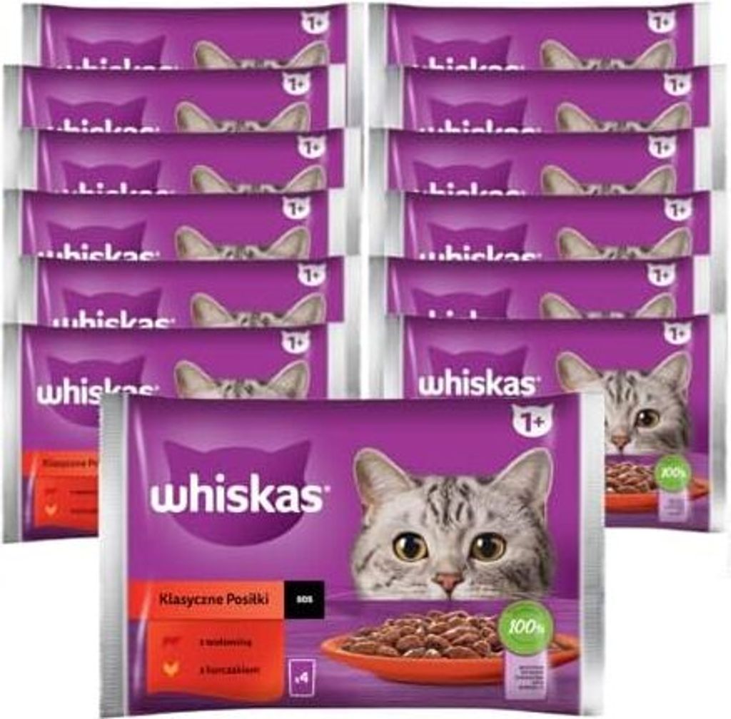 Whiskas Adult 1+ Katzenfutter Nassfutter Klassische Auswahl in Soße 13x4x85g Rindfleisch und Huhn (52 Portionen à 85 Gramm)