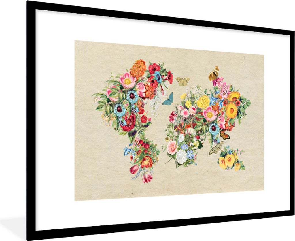 MuchoWow® Gerahmtes Poster Weltkarte - Blumen - Produktbild 