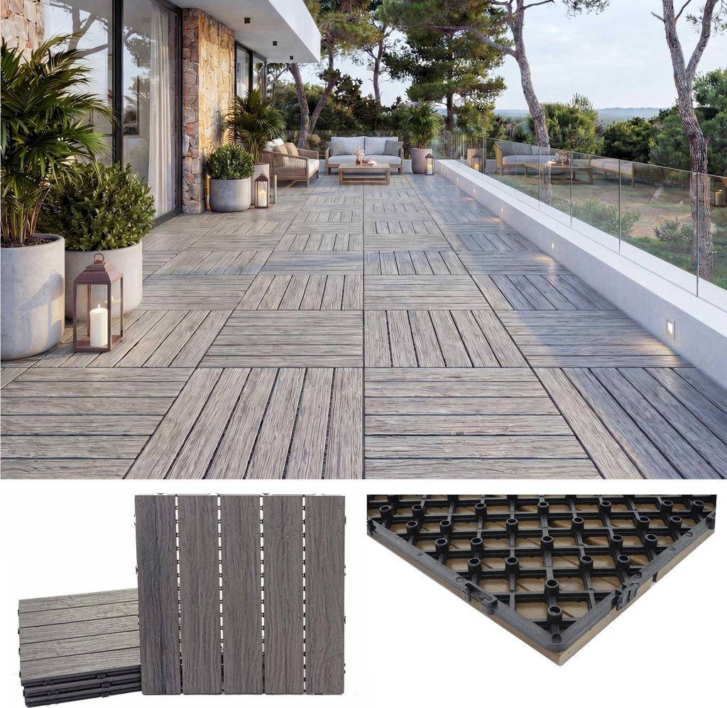 WPC Bodenfliese HWC-E19, Holzoptik Balkon/Terrasse, 3D-Struktur linear antik-braun, 4x je 50x50cm = 1qm