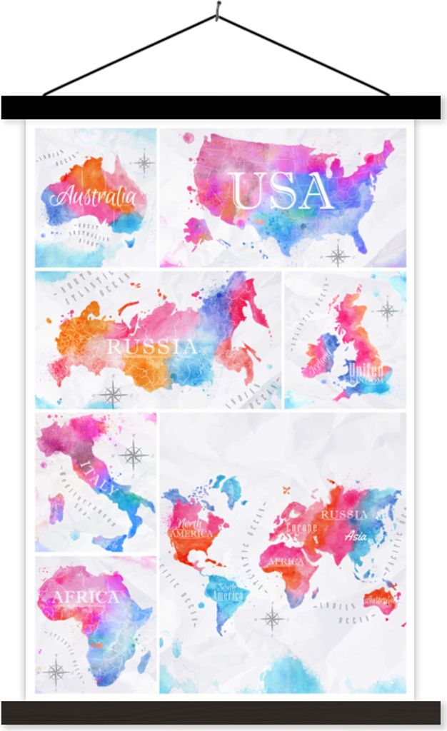 MuchoWow Textilposter Karten - Collage - Aquarell 60x90 cm mit schwarzem Rahmen - Poster Wohnzimmer