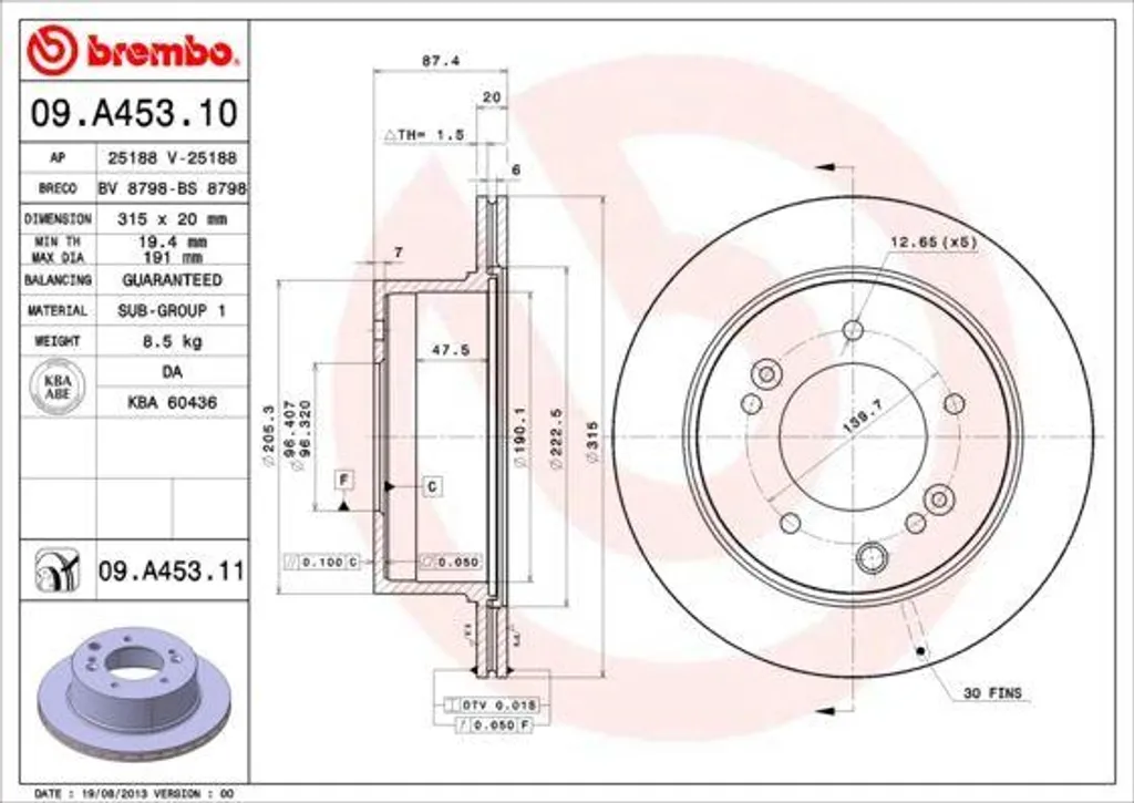 Disque de Frein BREMBO 09.A453.11 pour Sorento I JC - Qualité OE 100%