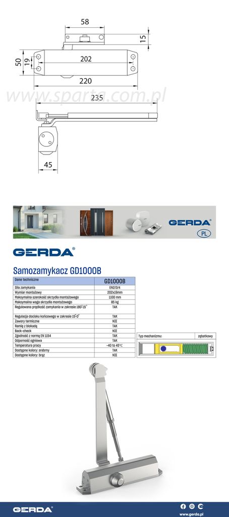 Gerda GD 1000 B Türschließer mit Feststellarm, silber, EN 2/3/4