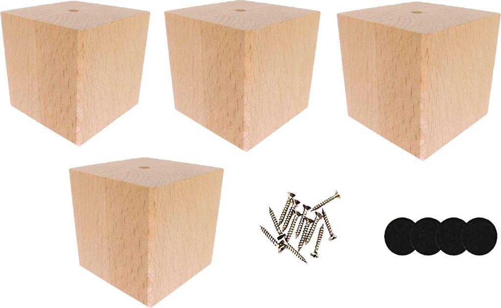 Four wooden cubes, screws, and four felt pads are arranged on a white background.