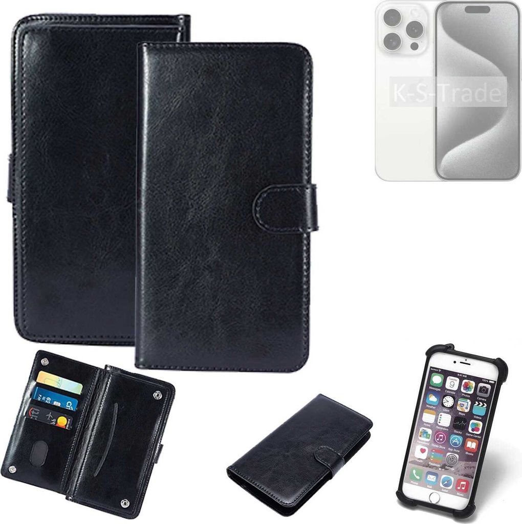 K-S-Trade 360° Hülle kompatibel mit Apple iPhone 15 Pro schwarz Kunstleder Case BookCase WalletCase Kunstlederederhülle Handyhülle, Rundumschutz