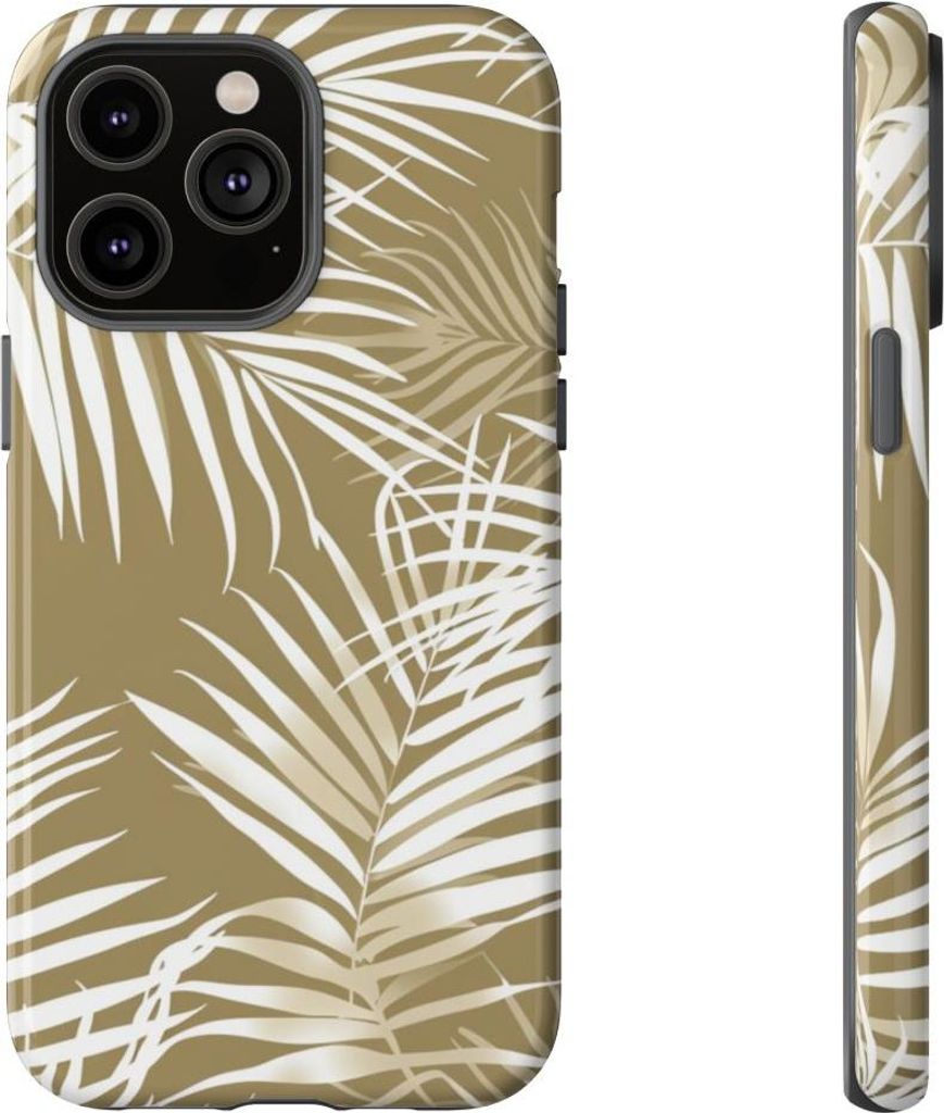 Weiße Palmenblätter auf khakifarbenem Hintergrund – Hülle Kompatibel mit iPhone 14 Pro Max