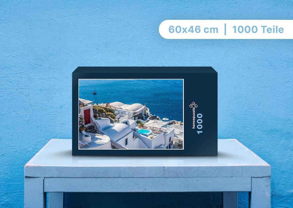 hansepuzzle 98441 - Santorini Puzzle, 1000 Teile, Gebäude, 60,0 x 46,0cm mit hochwertiger Aufbewahrung, Kartonbox und wiederverschließbarem Beutel