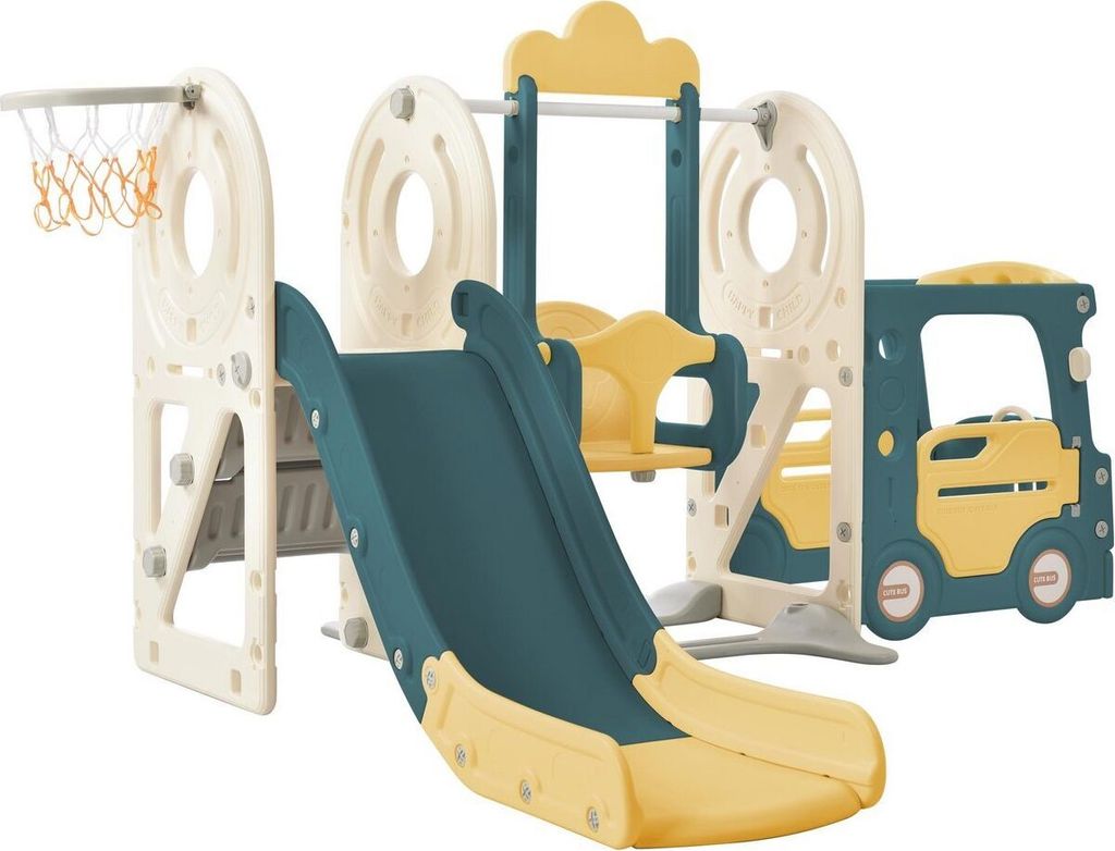 Rutsche für Kinder 5 in 1 Kinderrutsche HDPE Kombination und passendem Basketball mit Bus Schaukel Rutsche Trittleiter Basketballkorb Gelb