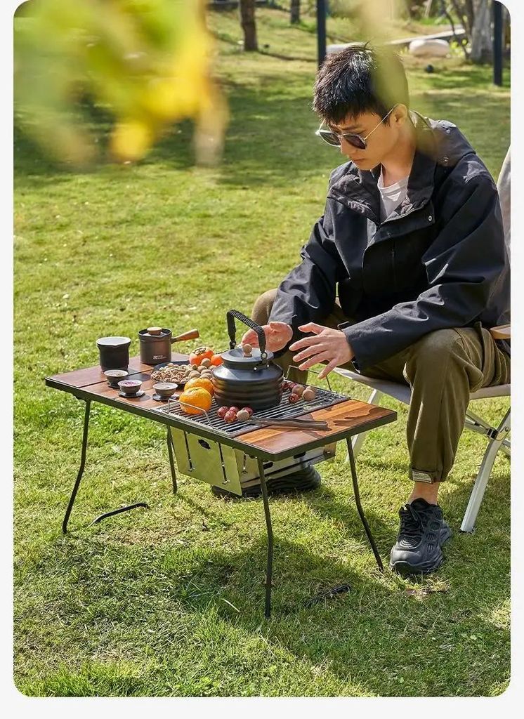 Multifunktionaler Klapptisch - Camping Outdoortisch - Schwarze Walnuss-Tischplatte - Edelstahlrahmen - 76x37x40 cm - 30 kg Tragkraft - Braun