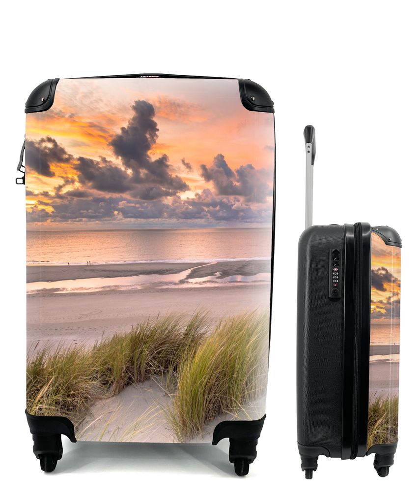 MuchoWow Koffer Handgepäck Trolley Rollkoffer Kleine Reisekoffer mit 4 Rollen - Sonnenuntergang - Düne - Strand - Pflanzen - Meer - Cabin Size ...