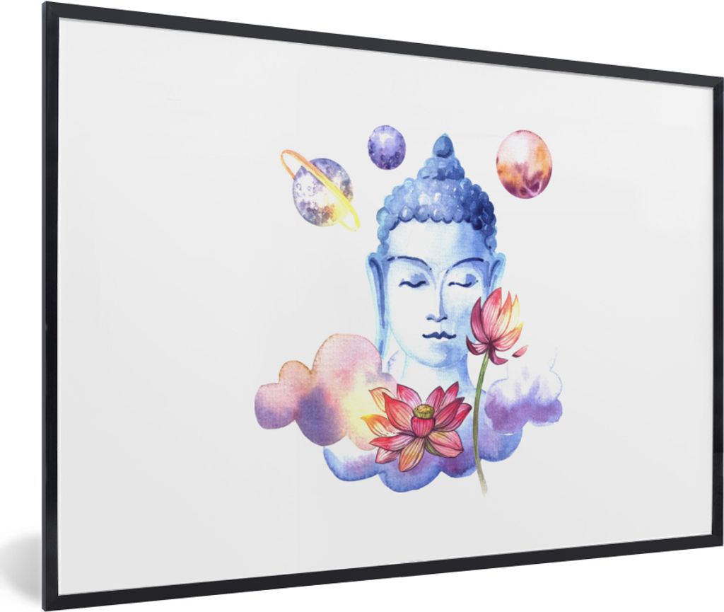 MuchoWow MuchoWow Gerahmtes Poster Buddha - Kopf - Planeten 60x40 cm - Poster mit zchwarzem Bilderrahmen - Printing - Wanddeko Schlafzimmer
