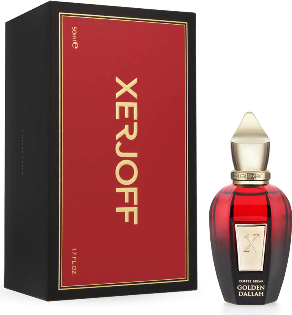 A perfume bottle and its packaging are displayed against a white background.