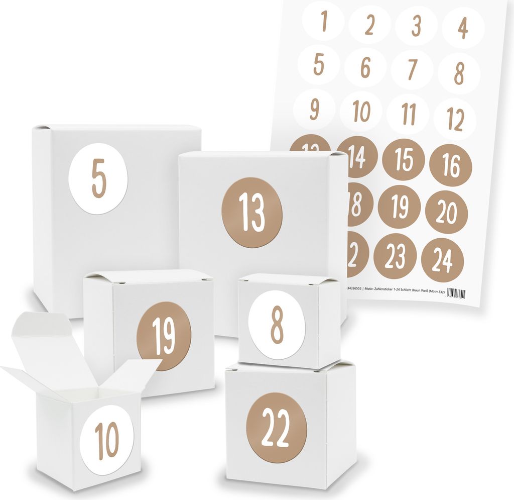 Adventskalender zum Füllen 24x Quader Würfel gemischt WEISS + Sticker (V01 Z32)