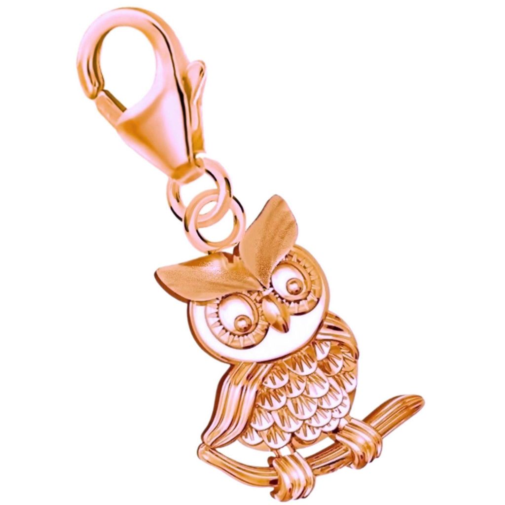 Eule Charm Anhänger in Rosegold mit Vogel auf Ast I Echtschmuck