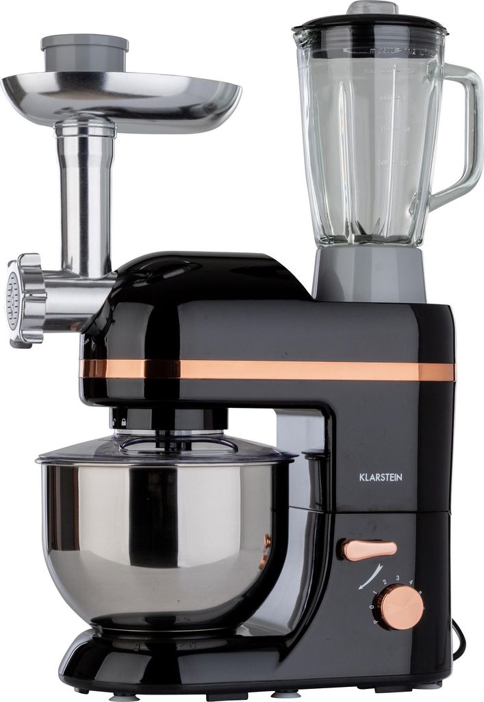 Klarstein Knetmaschine Küchenmaschine mit Fleischwolf, 1800W Teigmaschine Klein, 6 Stufen, Schneebesen Rühr- & Knethaken, Planetenrührwerk, Rüh...