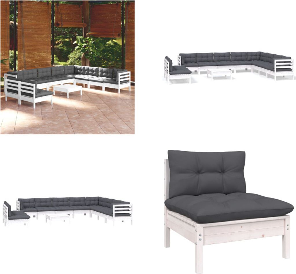 vidaXL 11 tlg. Garten Lounge Set mit Kissen Weiß Massivholz Produktbild 