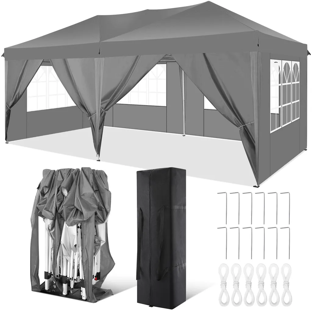 Pavillon de jardin 3x6m pliable noir avec 4 parois et sac de transport