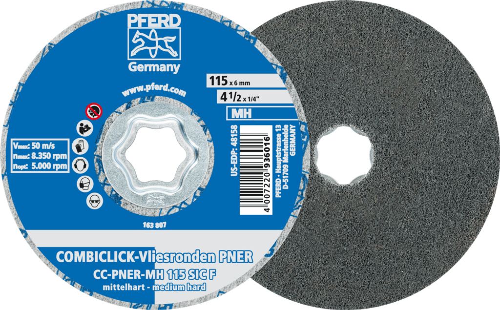 PFERD TOOLS COMBICLICK verpresste Vliesronde CC PNER Ø 115 mm Mittehart SIC Fein für Finish