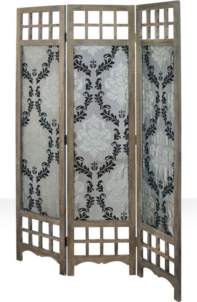Paravent Raumteiler 3 teilig Holz Stoff Barock Design Braun Grau Indoor