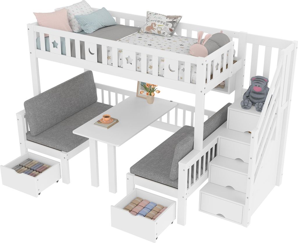 A white loft bed with a desk, bench, and storage stairs.