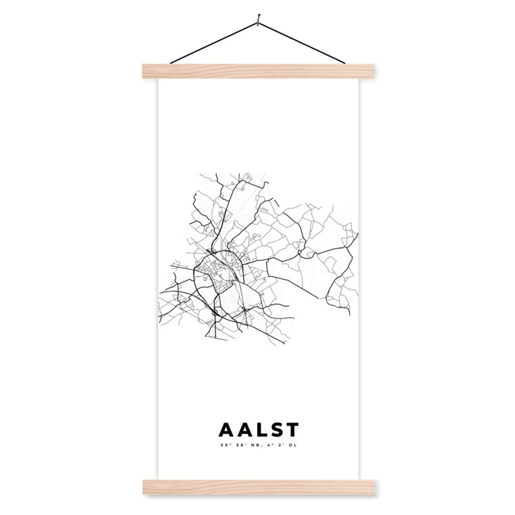 MuchoWow Textilposter Karte - Stadtplan - Aalst - Belgien - Schwarz und weiß 60x120 cm mit holzfarbenen Rahmen - Holz