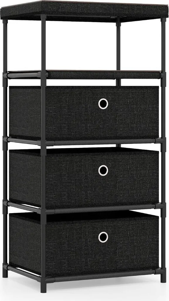 Petit meuble de rangement noir 3 tiroirs avec plateau bois stable