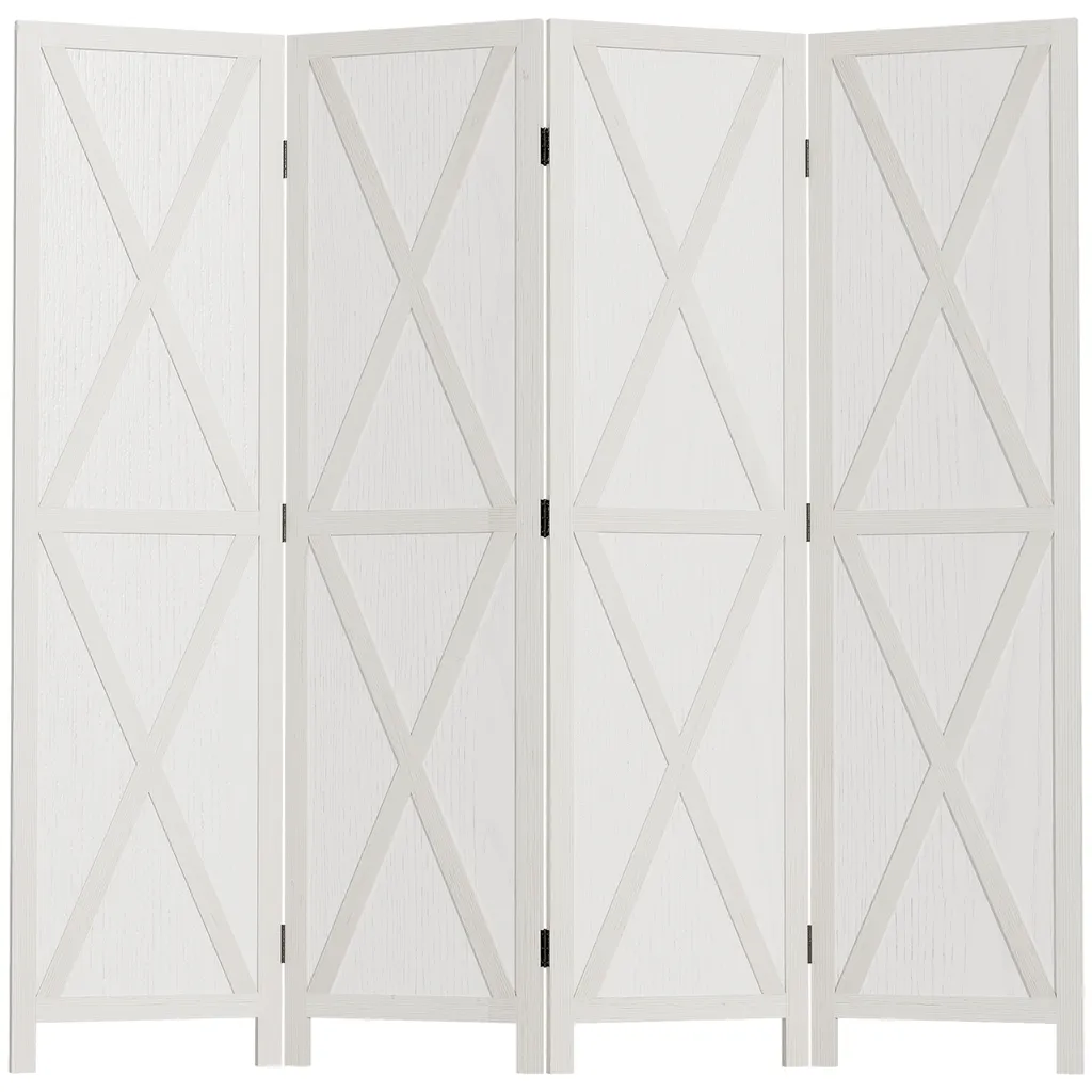 Paravent Blanc 4 Panneaux avec Croisillons en Bois de Paulownia 170H cm