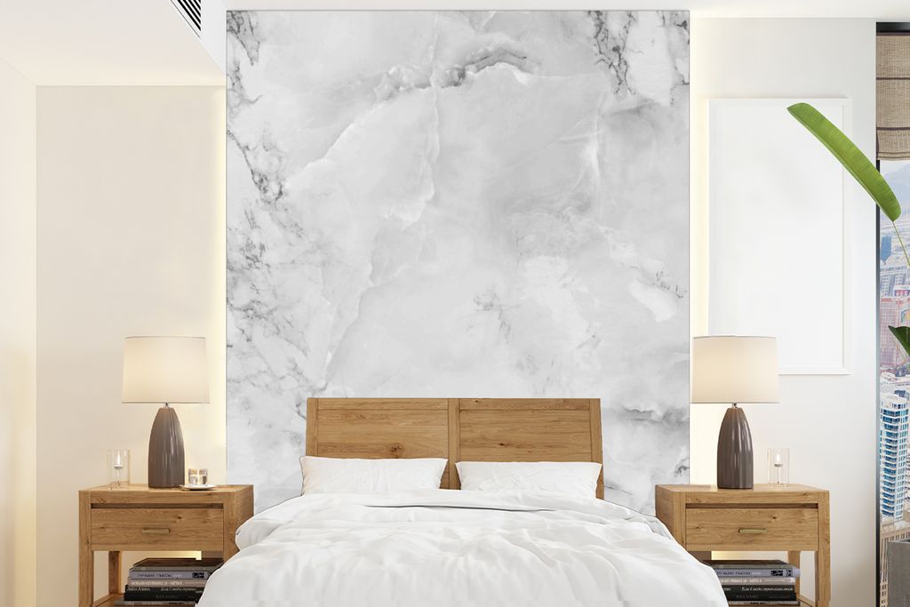 MuchoWow Fototapete für Wohnzimmer oder Schlafzimmer Wandtapete Vinyl Motivtapete Marmor - Stein - Weiß - Grau - Marmoroptik - 190x260 cm - Pap...