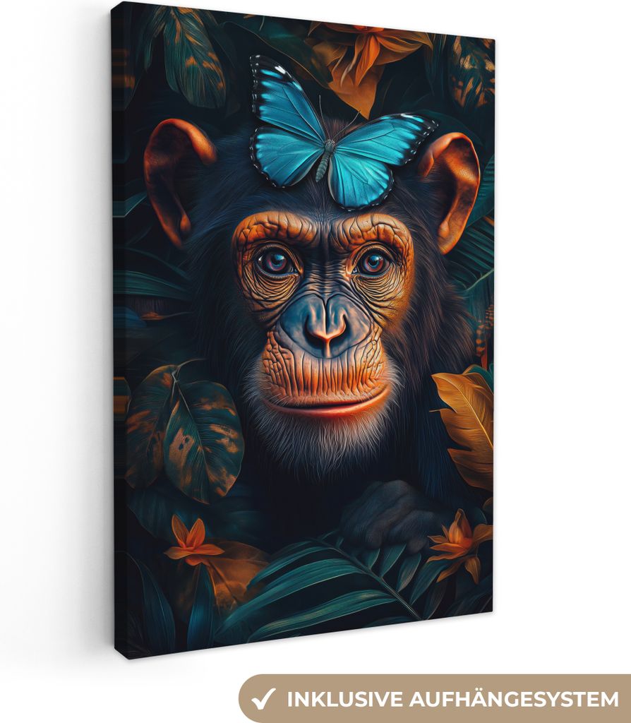 Leinwandbilder 80x120 cm - Tiere, Blumen - Schimpanse - Schmetterling, Bilder Wohnzimmer Modern, Wanddeko