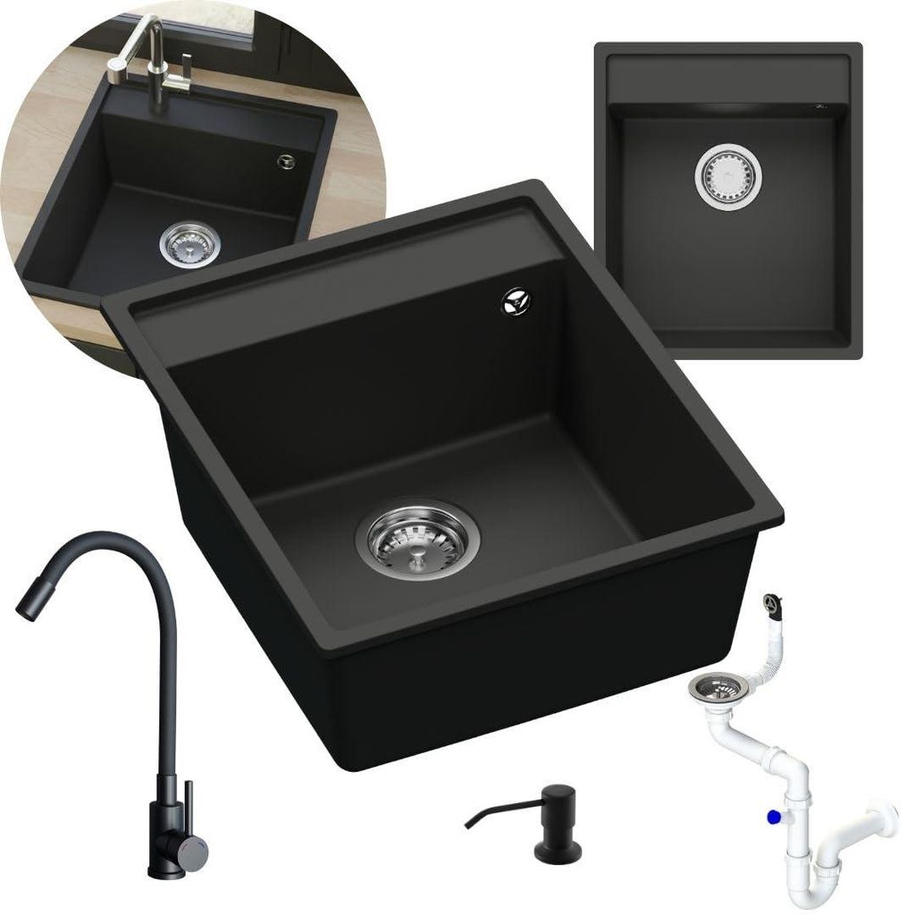 GRANMASTER Magma Granitspülbecken Komplett-Set Flexiblen Wasserhahn, Siphon, Seifenspender – 1-komoriger Spülbecken kratzfest hitzebeständig m...