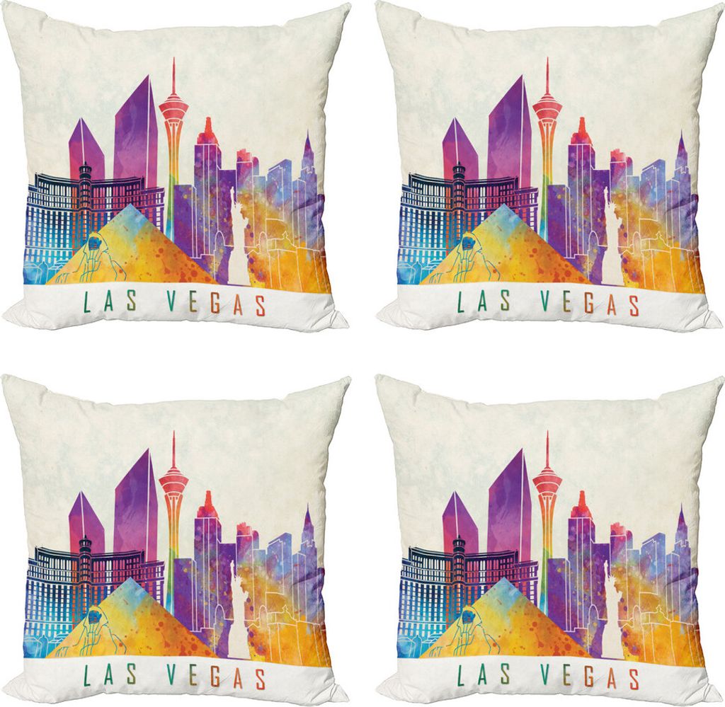 ABAKUHAUS Las Vegas Kissenbezug Set (4 Stück), Bunte Sehenswürdigkeiten Entwurf, Moderner Doppelseitiger Digitaldruck, 50 cm x 50 cm, Mehrfarbig
