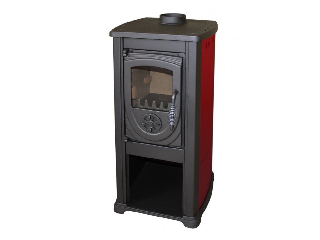 A freestanding wood-burning stove with a red body and gray front panel, shown against a white background.