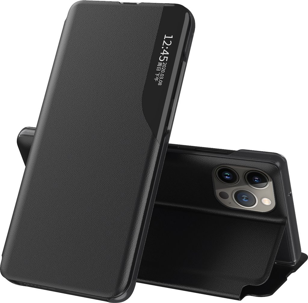 Dünn Flip Stand Cover Kunstleder Schutzhülle für iPhone 15 Pro Schwarz
