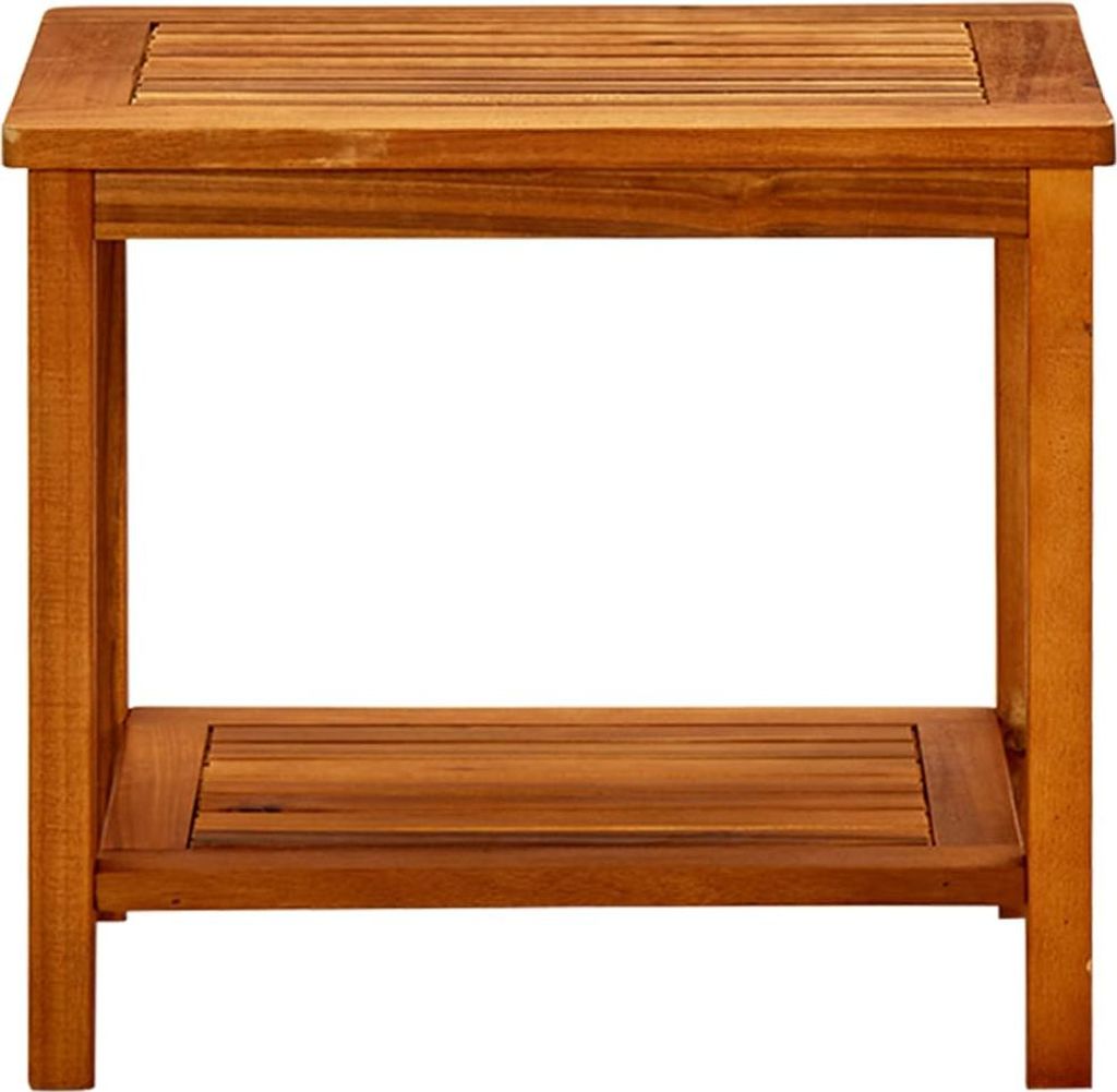 A wooden side table with two shelves, shown against a white background.