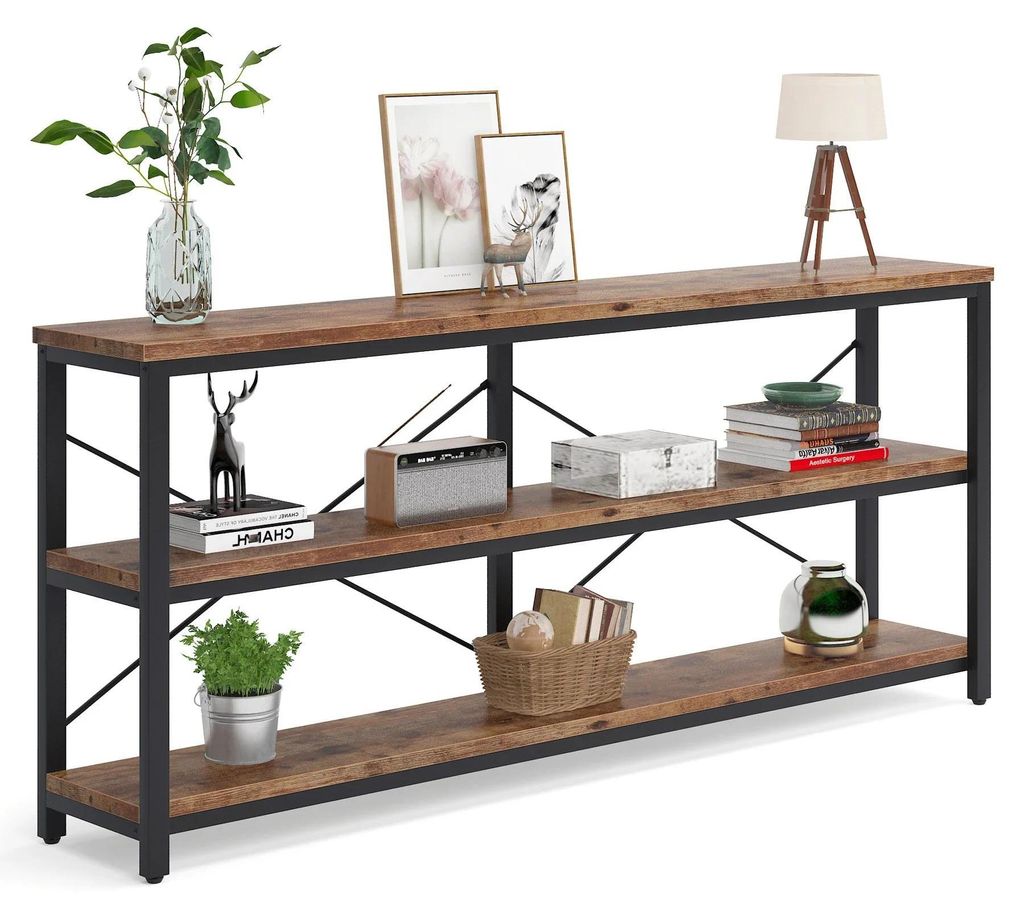 Konsolentisch - Sofatisch/Flurtisch - 3 Ebenen - 180×30×91 cm - Schmal - Metallgestell - Holz - Braun